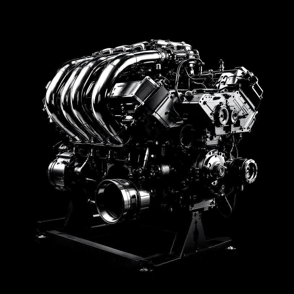 Un gros moteur V8 sur un support, collecteurs d'échappement chromés, sur fond noir